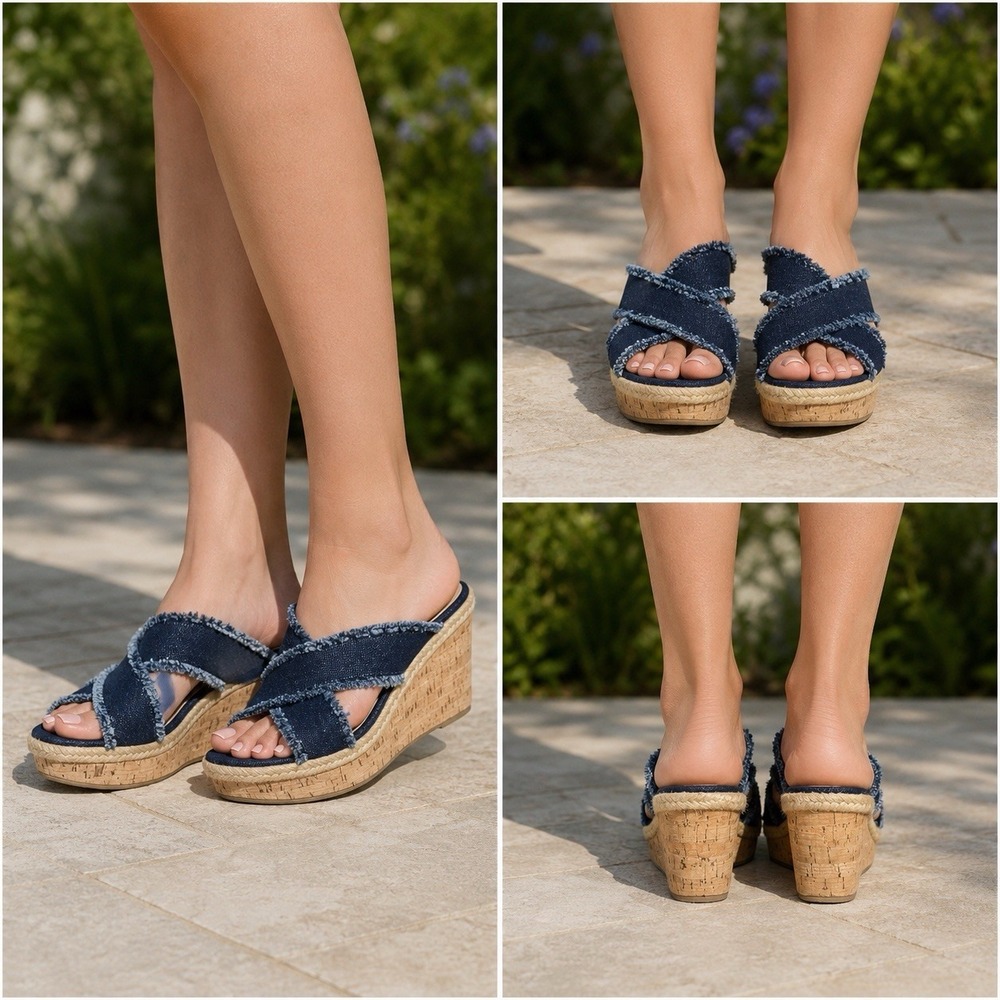 PELLE MODA Denim Frayed Blue Slip On Cork Wedge Espadrille Sandals Shoes Sz 9.5